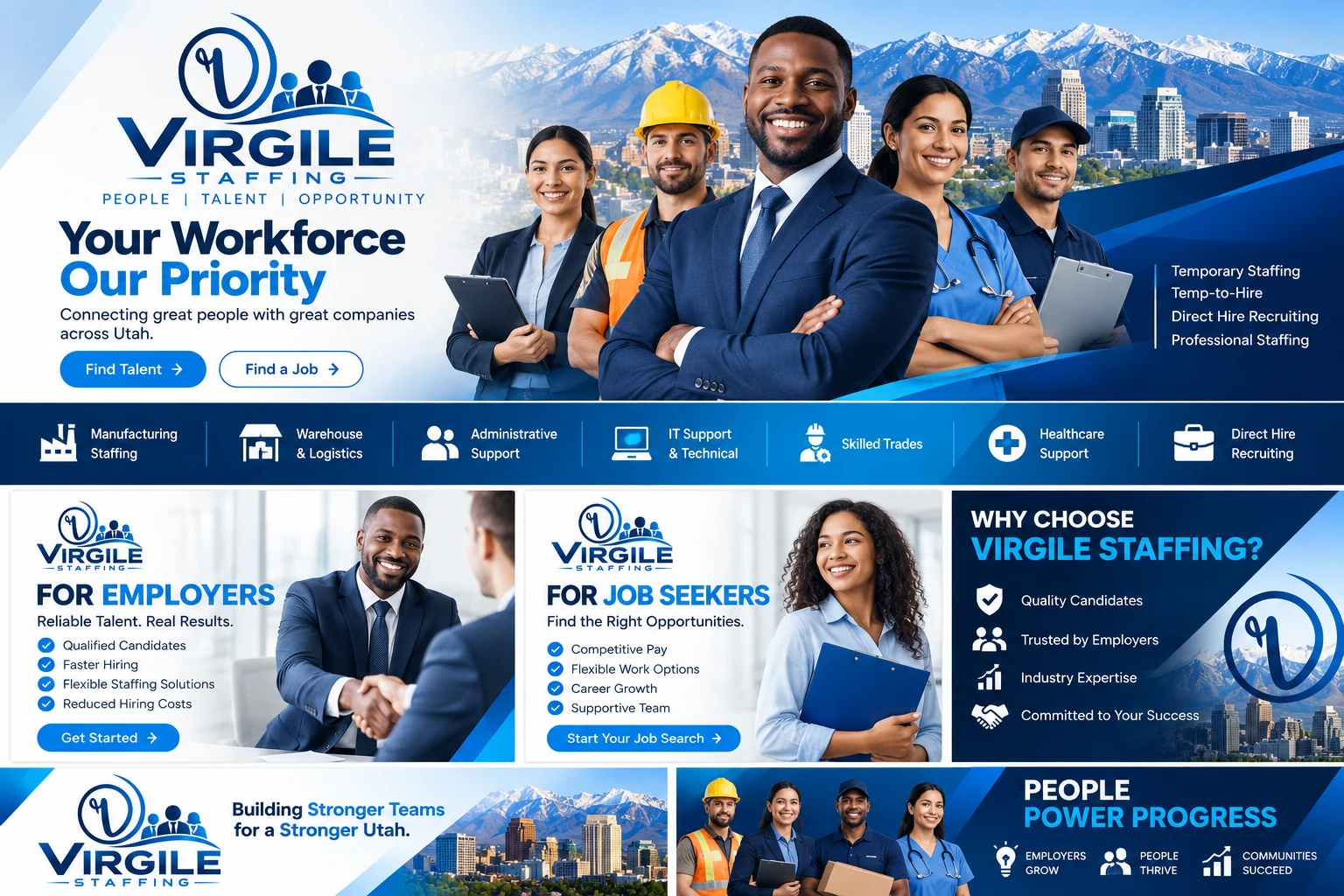Virgile Staffing brand collage showing services for employers and job seekers across Utah