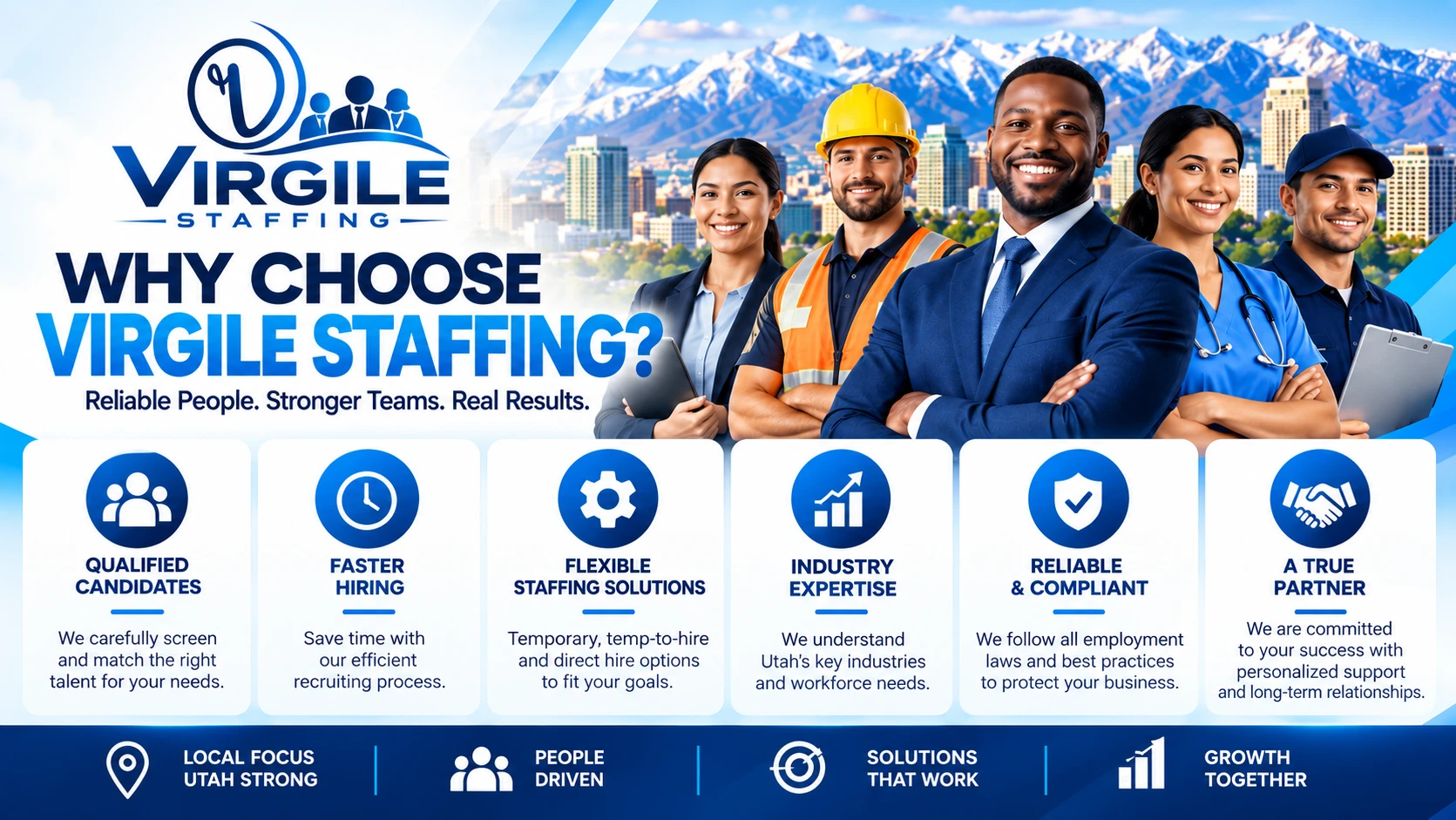 Why choose Virgile Staffing - qualified candidates, faster hiring, flexible staffing, industry expertise, reliable and compliant, a true partner